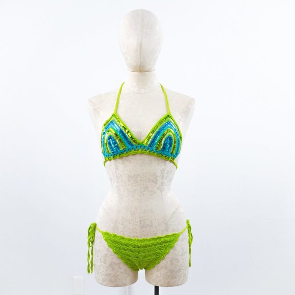 Luxury Handmade S Crochet Sequin Bikini Green - Picture 3 of 13